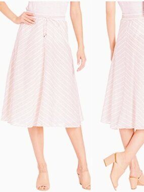 Lauren by Ralph Lauren White & Pink Striped Cotton Midi Skirt